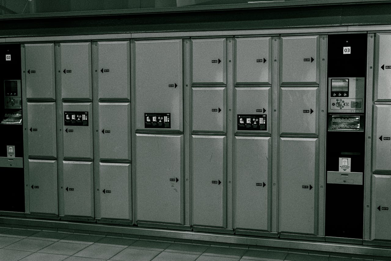 services-06 Secure metal lockers with electronic payment system at a station.